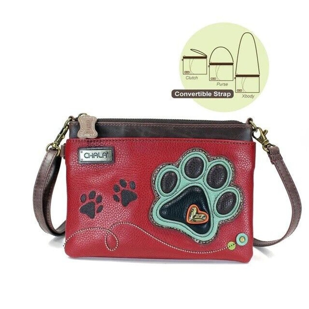 Chala Faux Leather Mini Crossbody Handbag Purse - Teal Pawprint Burgundy NWT